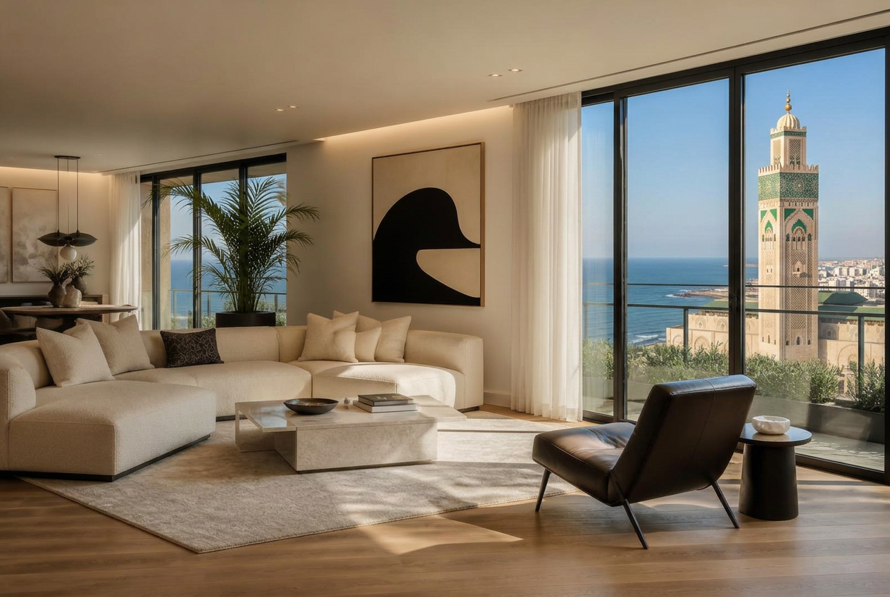Salon contemporain lumineux d'un appartement haut de gamme à Casablanca